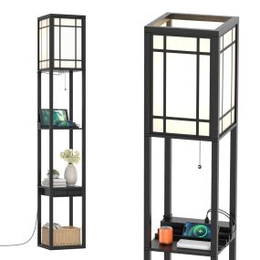 Lámpara de pie con estantería, repisas, cajón y 2 puertos USB, 26 x 26 x 160,5 cm, negro