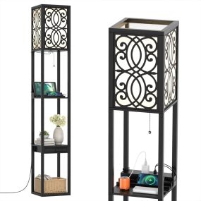 Lámpara de pie con estantería, cajón y 2 puertos USB, 26 x 26 x 160,5 cm, negro