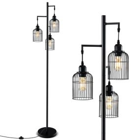 Lámpara de pie industrial moderna 169 cm con pantalla de 3 jaulas y base alta negra