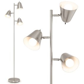 Lámpara de pie de árbol con 3 bombillas, pantallas ajustables, mástil de metal y base pesada, plata
