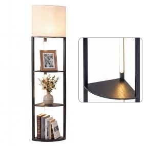 Lámpara de pie moderna con 3 estantes, LED regulable y pantalla de lino para salón y dormitorio