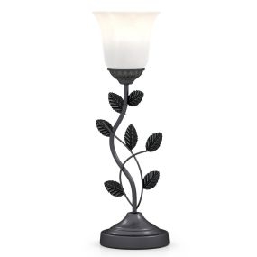 Lámpara de mesa vintage para mesita de noche con pantalla de cristal tulipán y hojas de metal negro