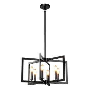 Lámpara de araña rústica de 6 luces con diseño geométrico, altura ajustable, metal industrial negro para comedor e isla de cocina