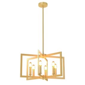 Lámpara de araña rústica de 6 luces con diseño geométrico, metal industrial y altura ajustable oro