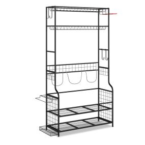 Organizador móvil de equipo deportivo con ruedas, estructura metálica, 4 ganchos y soporte para 3 fundas de golf y accesorios