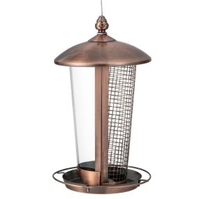 Comedero 2 en 1 de metal para pájaros silvestres para colgar en exterior con techo y 2 tubos solares