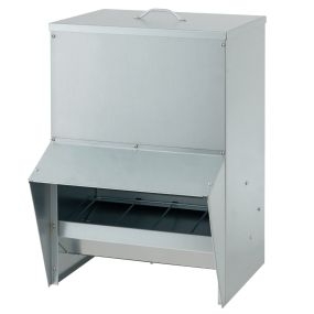 Comedero para Gallinas Galvanizado de 22 kg Comedero Automático para Aves de Corral Montado en la Pared con Tapa Dispensador de Comida Plata