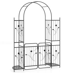 Arco de jardín negro con puerta, estantes y enrejados para rosas trepadoras y bodas