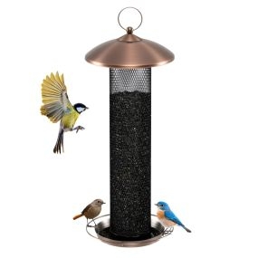 Alimentador para pájaros de tubo de malla metálica colgante con techo y bandeja 16 kg para semillas