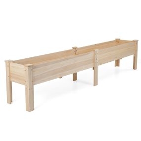 Jardinera elevada rectangular de madera con patas y orificios de drenaje para huerto urbano exterior