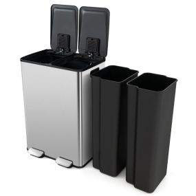 Contenedor de basura con 2 compartimentos de 30 L, tapas de cierre suave, cubos internos de plástico, plata