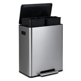 Cubo de basura 60L para cocina con 2 compartimentos, tapa pedal y asas laterales, gris plata