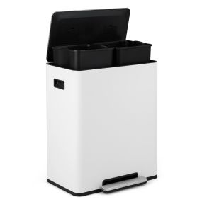 Cubo de basura 60 L para cocina con 2 compartimentos, tapa con pedal, asas laterales, blanco