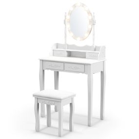 Set de mesa tocador con espejo LED, interruptor táctil, 4 cajones y taburete acolchado blanco