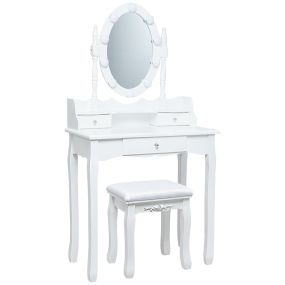 Tocador de maquillaje con espejo LED giratorio, 3 cajones y taburete, blanco, 75 x 40 x 143,5 cm