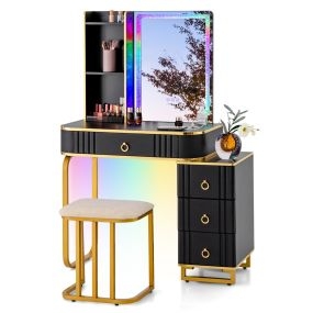 Tocador de maquillaje RGB con espejo, 4 cajones, 7 luces LED, taburete y puertos USB-C negro