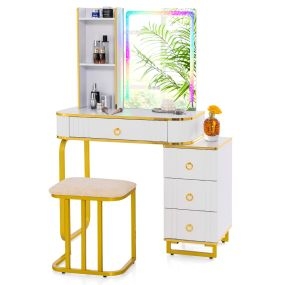 Tocador de maquillaje blanco con espejo, 4 cajones, 7 luces LED, taburete y puertos USB-C