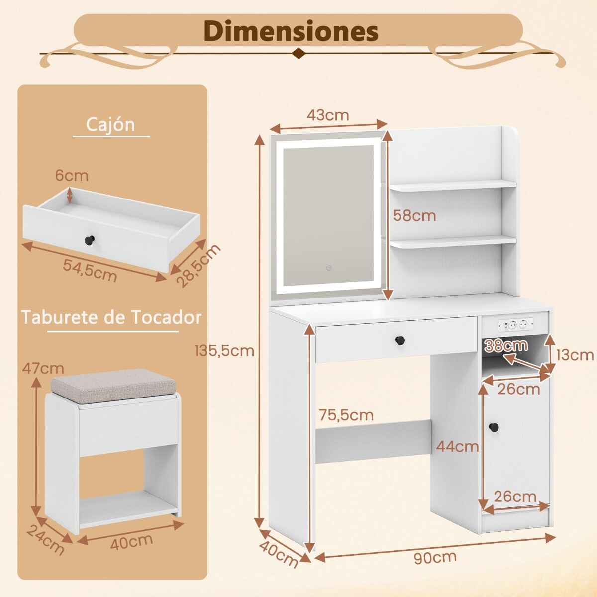 Set de tocador con espejo iluminado, toma de corriente, taburete acolchado, cajón y estantes, blanco, 90 x 40 x 135,5 cm