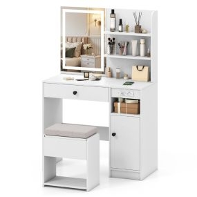 Set de tocador con espejo iluminado, toma de corriente, taburete acolchado, cajón y estantes, blanco, 90 x 40 x 135,5 cm