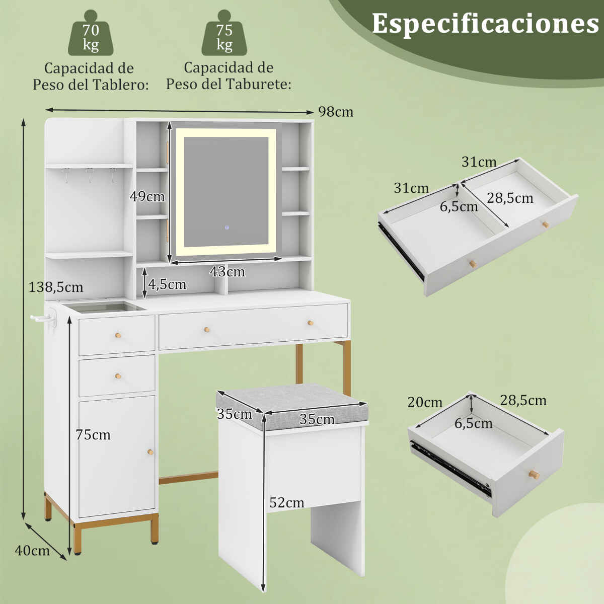 Conjunto de tocador con taburete, espejo LED de 3 colores y estación de carga, blanco