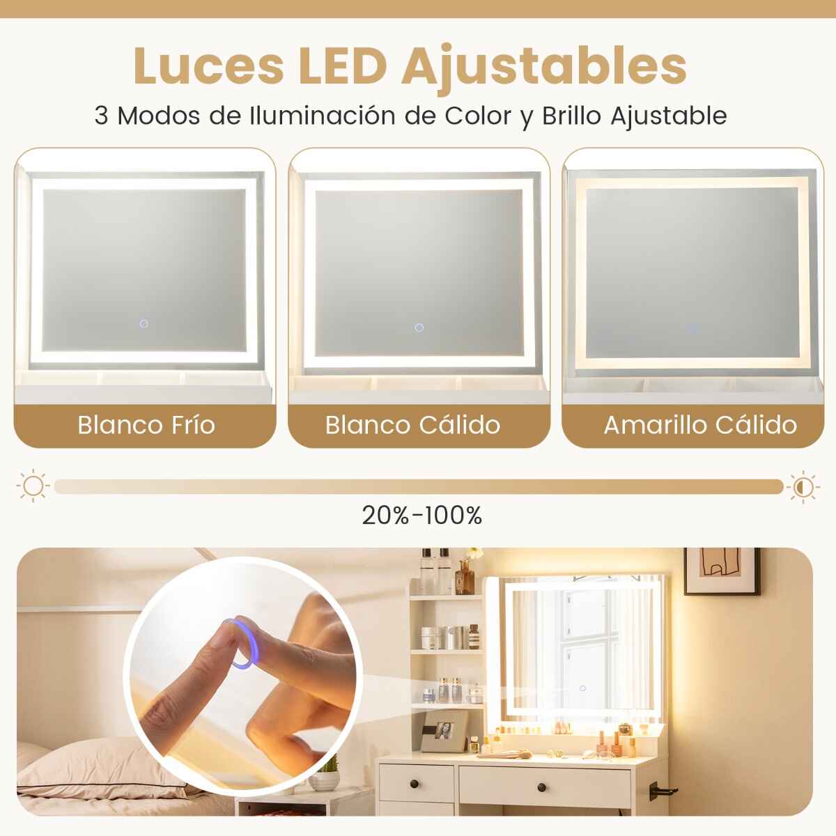 Tocador con taburete, espejo y luces LED regulables, estación de carga, 3 estantes, 2 cajones, 90 x 40 x 135 cm, blanco