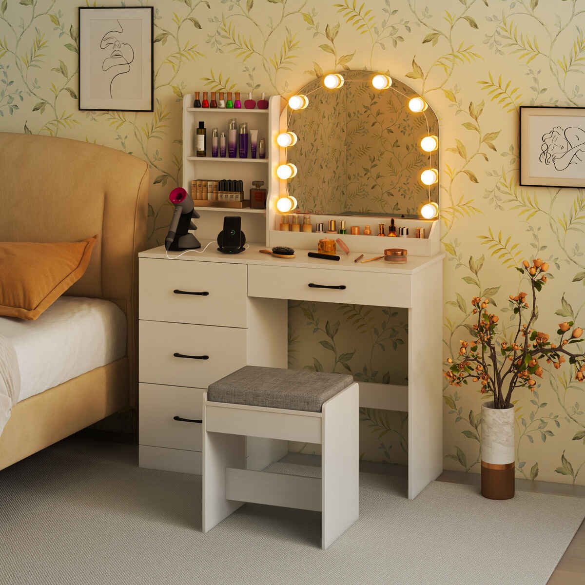 Escritorio de maquillaje con espejo y luces, tocador con banqueta, estación de carga, 4 cajones y estantes, blanco