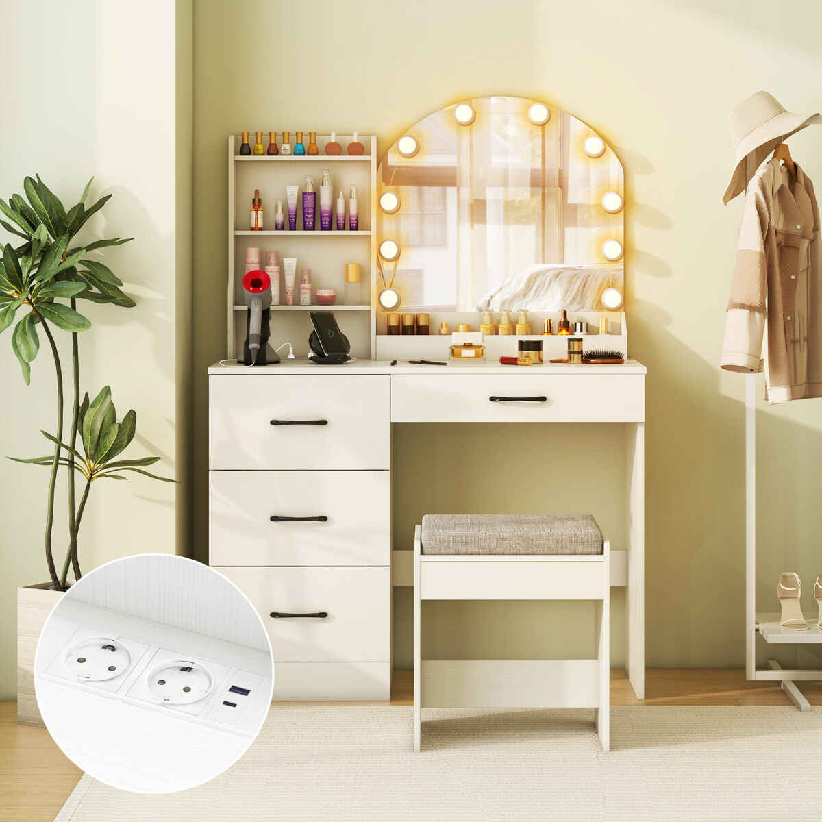 Escritorio de maquillaje con espejo y luces, tocador con banqueta, estación de carga, 4 cajones y estantes, blanco