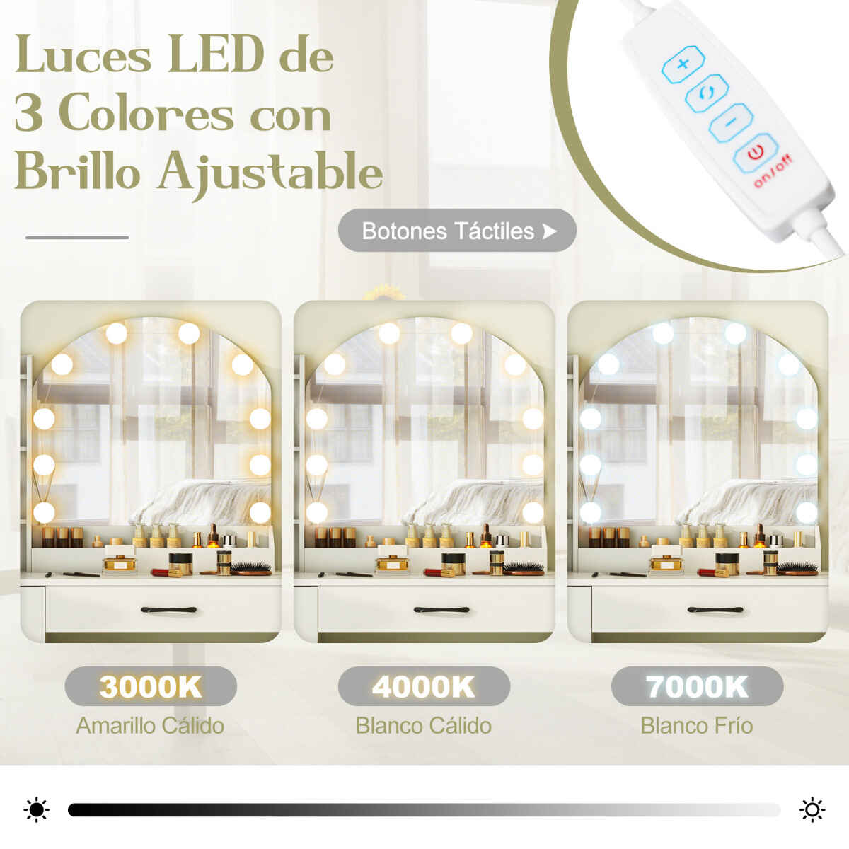 Escritorio de maquillaje con espejo y luces, tocador con banqueta, estación de carga, 4 cajones y estantes, blanco