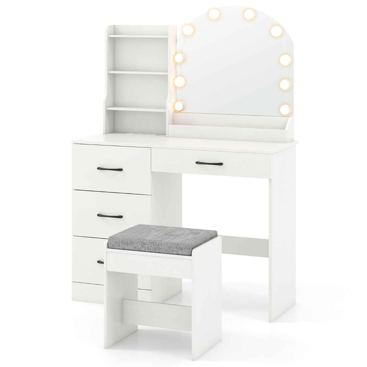 Escritorio de maquillaje con espejo y luces, tocador con banqueta, estación de carga, 4 cajones y estantes, blanco