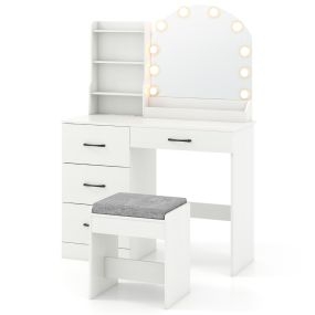 Escritorio de maquillaje con espejo y luces, tocador con banqueta, estación de carga, 4 cajones y estantes, blanco