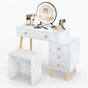 Set de tocador para maquillaje con espejo removible, 3 luces, 5 cajones y taburete acolchado, acabado mármol y patas de roble blanco