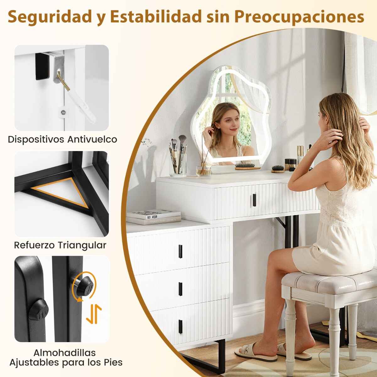 Tocador con espejo y luces 3 luces ajustables 5 cajones encimera lateral acabado acanalado patas metálicas blanco