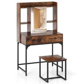 Tocador de maquillaje con espejo rectangular, taburete, estación de carga y estantes abiertos, marrón