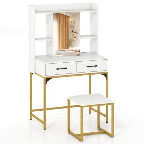 Tocador de maquillaje con espejo rectangular, taburete, estación de carga, estantes y compartimento oculto blanco