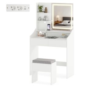 Tocador con espejo, luces LED, estación de carga, 3 colores de luz, brillo ajustable, cajones y taburete con almacenamiento, blanco