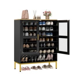 Armario zapatero de 7 niveles con puertas de malla, madera, estantes ajustables, negro