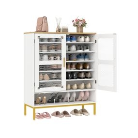 Armario zapatero de 7 niveles con puertas de malla, madera, estantes ajustables y patas, blanco