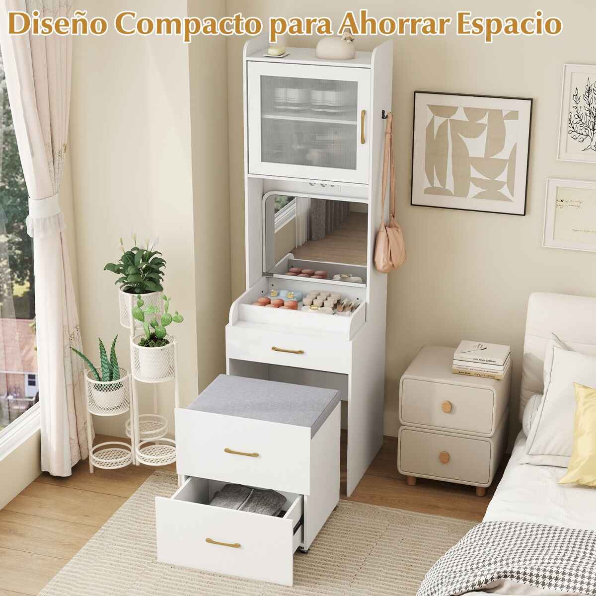 Tocador con espejo abatible, cajones, armario, taburete y estante móvil blanco