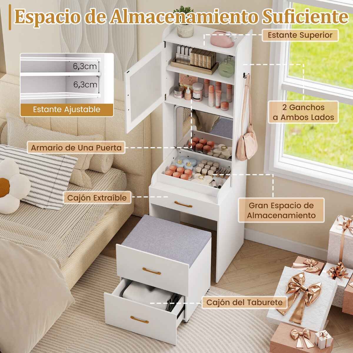 Tocador con espejo abatible, cajones, armario, taburete y estante móvil blanco