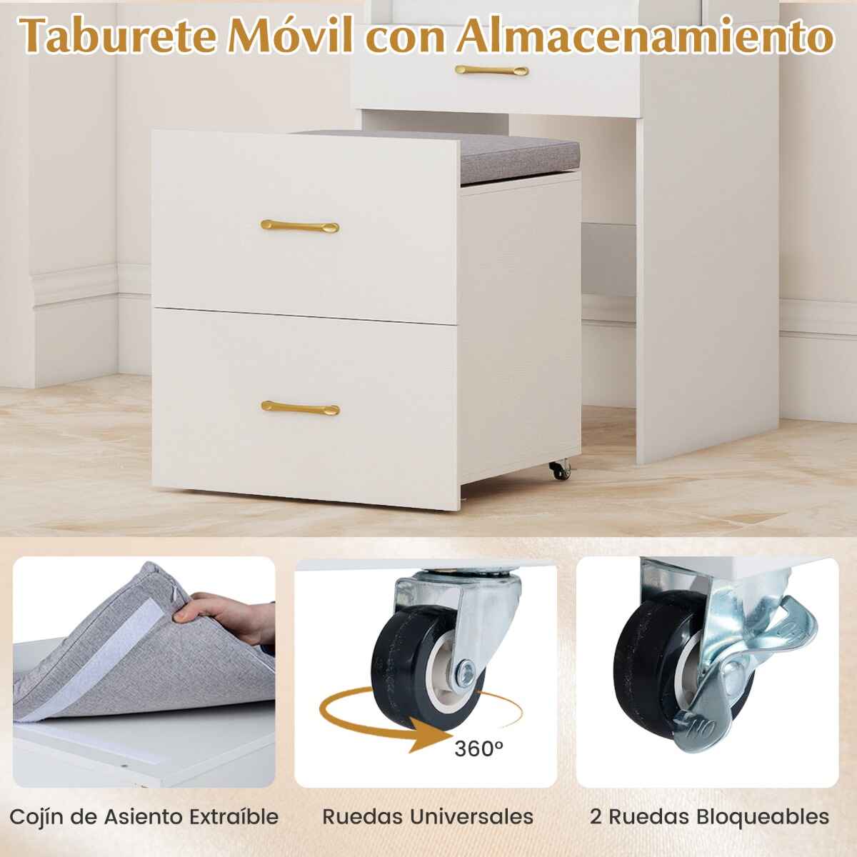 Tocador con espejo abatible, cajones, armario, taburete y estante móvil blanco