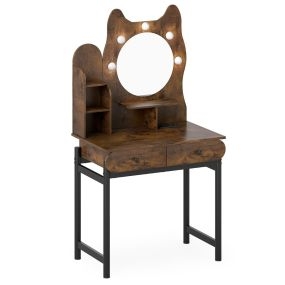 Tocador con espejo y luces en forma de gatito, 3 modos de iluminación, brillo ajustable, estantes abiertos y 2 cajones, marrón