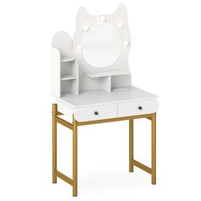 Tocador con espejo y luces forma de gatito, 3 modos de iluminación, brillo ajustable, estantes abiertos y 2 cajones, blanco