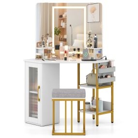 Tocador con espejo y luces de esquina con triple espejo, 3 colores y brillo ajustable, silla a juego, blanco