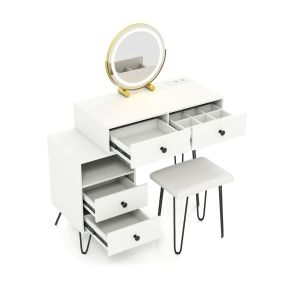 Tocador con espejo y luces, mesa de maquillaje moderna con estación de carga, espejo giratorio y 4 cajones, blanco