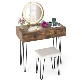 Tocador con espejo y luces, mesa de maquillaje con espejo ajustable, estación de carga, 2 cajones y taburete marrón rústico