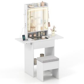 Tocador compacto con espejo y luces, tapa de cristal, enchufes, paneles plegables, blanco