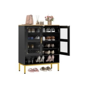 Armario zapatero de 5 niveles con puertas de malla, madera, estantes ajustables y patas negras