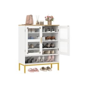 Armario zapatero de 5 niveles con puertas de malla, madera, estantes ajustables, blanco