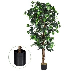 Ficus artificial con maceta, 1008 hojas, tronco natural, 180 cm, verde para casa, jardín y oficina