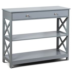 Mesa auxiliar con 1 cajón y 2 repisas diseño en X gris 100 x 30 x 80 cm
